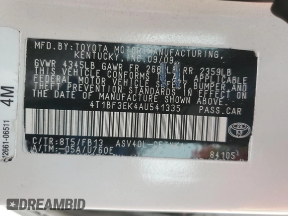 2010 Toyota Camry with VIN 4T1BF3EK4AU541335, listed as a Copart auction lot 52454865 with 123,518 mi miles and Salvage Title. Bid and sale history available at carsss.com. Image 12.
