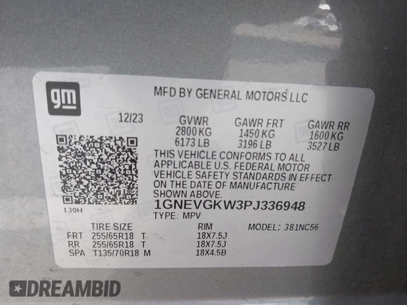 2023 Chevrolet Traverse LT Cloth with VIN 1GNEVGKW3PJ336948, listed as a IAAI auction lot 42144619 with 15,580 mi miles and . Bid and sale history available at DreamBid. Image 9.
