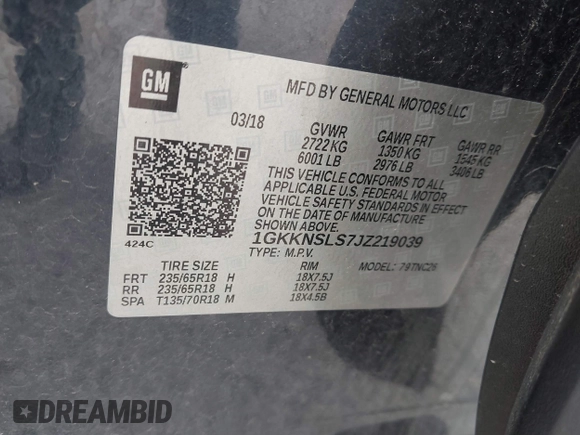 2018 GMC Acadia SLE z VIN 1GKKNSLS7JZ219039, wystawiony jako IAAI lot #42337194 z przebiegiem 136 297 mil mil oraz . Historia ofert i sprzedaży dostępna na DreamBid. Obrazek 9.