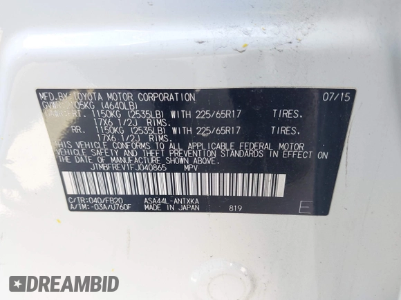 2015 Toyota RAV4 LE с VIN JTMBFREV1FJ040865, выставлен на аукционе IAAI как лот 42209659 с пробегом 109 868 миль миль и . История ставок и продаж доступна на DreamBid. Изображение 9.