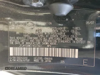 2007 Lexus LX 470 z VIN JTJHT00W374027661, wystawiony jako Copart lot #76673684 z przebiegiem 112 184 mil mil oraz Szkoda całkowita • Salvage title. Historia ofert i sprzedaży dostępna na DreamBid. Obrazek 13.
