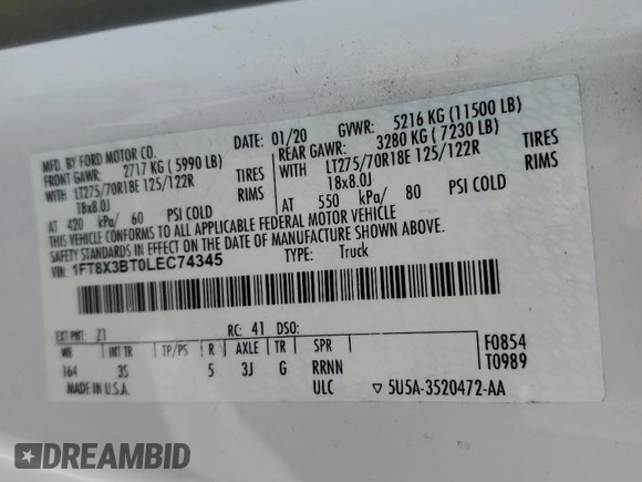 2020 Ford F-350 XL with VIN 1FT8X3BT0LEC74345, listed as a Copart auction lot 63004425 with 159,769 mi miles and Salvage title. Bid and sale history available at DreamBid. Image 12.