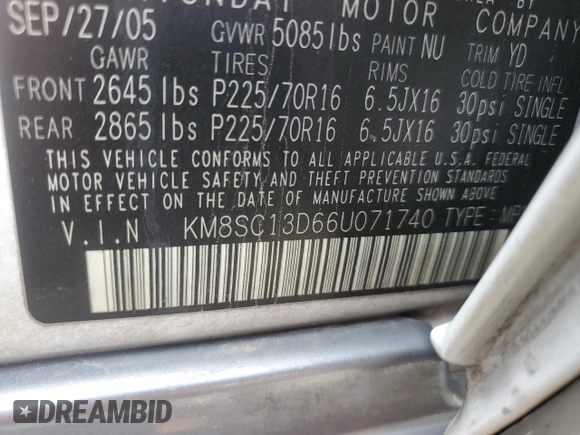 2006 Hyundai Santa Fe GLS with VIN KM8SC13D66U071740, listed as a Copart auction lot 56799315 with 182,998 mi miles and Salvage title. Bid and sale history available at DreamBid. Image 13.