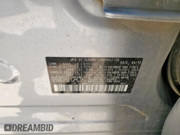 2019 Subaru Ascent Premium with VIN 4S4WMACD7K3475712, listed as a Copart auction lot 57132275 with 91,264 mi miles and Salvage title. Bid and sale history available at DreamBid. Image 13.