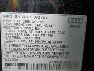 2013 Audi Q7 S line Prestige with VIN WA1DGAFE9DD015594, listed as a Copart auction lot 57185845 with 123,525 mi miles and Clean title. Bid and sale history available at DreamBid. Image 13.
