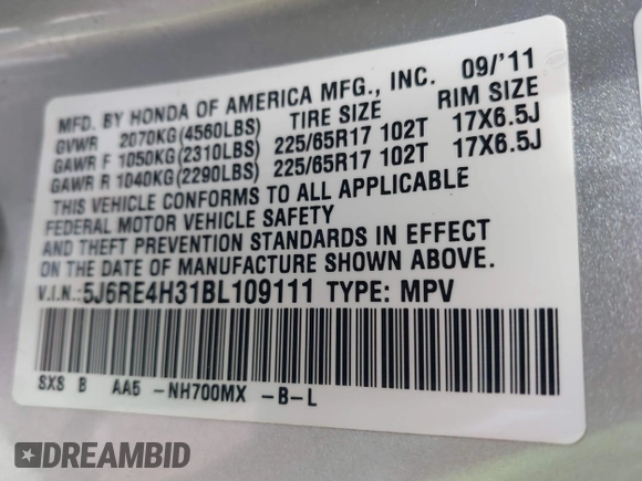 2011 Honda CR-V LX with VIN 5J6RE4H31BL109111, listed as a IAAI auction lot 41963513 with 193,735 mi miles and . Bid and sale history available at carsss.com. Image 9.