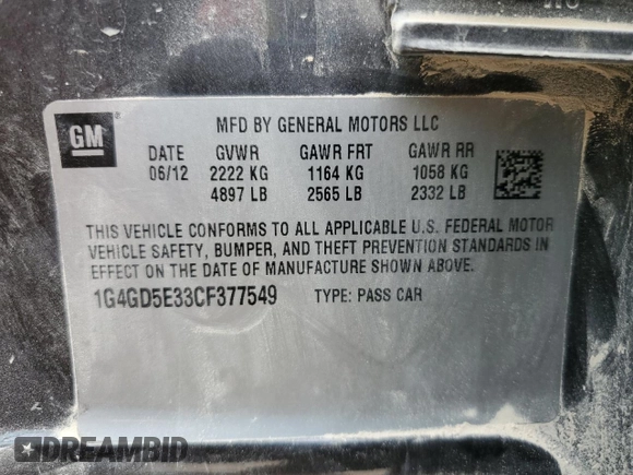 2012 Buick LaCrosse Premium 1 with VIN 1G4GD5E33CF377549, listed as a Copart auction lot 61351265 with 52,248 mi miles and Salvage title. Bid and sale history available at DreamBid. Image 12.