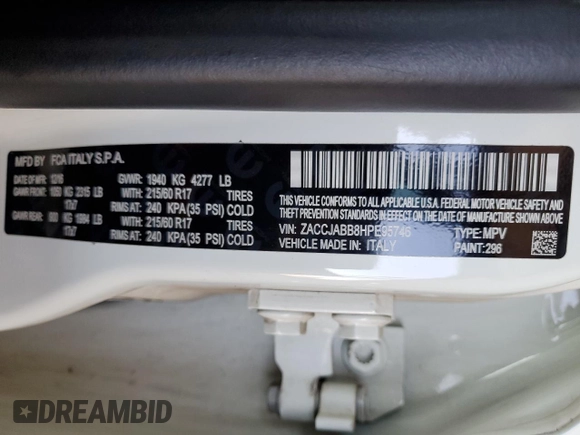 2017 Jeep Renegade Altitude with VIN ZACCJABB8HPE95746, listed as a Copart auction lot 62685995 with 109,666 mi miles and Salvage title. Bid and sale history available at DreamBid. Image 12.