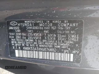 2022 Hyundai Kona Limited with VIN KM8K53A3XNU876882, listed as a IAAI auction lot 41223202 with 40,008 mi miles. Bid and sale history available at carsss.com. Image 9.