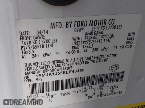 2014 Ford Expedition Max XLT z VIN 1FMJK1J55EEF43350, wystawiony jako IAAI lot #42186829 z przebiegiem 239 910 mil mil oraz . Historia ofert i sprzedaży dostępna na DreamBid. Obrazek 9.