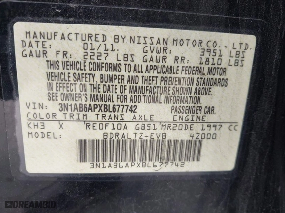 2011 Nissan Sentra 2.0 SR with VIN 3N1AB6APXBL677742, listed as a IAAI auction lot 41820050 with 204,475 mi miles. Bid and sale history available at carsss.com. Image 9.