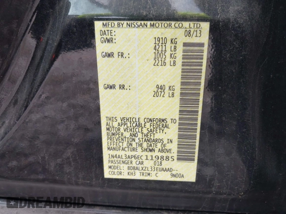 2014 Nissan Altima SV with VIN 1N4AL3AP6EC119885, listed as a IAAI auction lot 41865173 with 106,220 mi miles and . Bid and sale history available at DreamBid. Image 9.