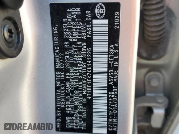2012 Toyota Camry L with VIN 4T1BF1FK7CU141226, listed as a Copart auction lot 53073945 with 224,162 mi miles and Salvage Title. Bid and sale history available at carsss.com. Image 13.