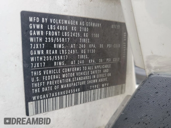 2017 Volkswagen Tiguan S с VIN WVGAV7AX6HK045546, выставлен на аукционе Copart как лот 46184035 с пробегом 127 301 миль миль и Чистый • Clean title. История ставок и продаж доступна на DreamBid. Изображение 13.