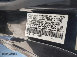 2004 Honda Civic VP with VIN 1HGEM22154L048837, listed as a IAAI auction lot 41734394 with 1 mi miles. Bid and sale history available at carsss.com. Image 9.