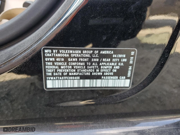 2015 Volkswagen Passat 1.8T Limited Edition with VIN 1VWAT7A37FC093455, listed as a Copart auction lot 49181295 with 0 mi miles and Salvage Title. Bid and sale history available at carsss.com. Image 12.