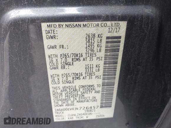 2018 Nissan Frontier SV with VIN 1N6AD0EV4JN726457, listed as a IAAI auction lot 42348883 with 97,880 mi miles and . Bid and sale history available at DreamBid. Image 9.