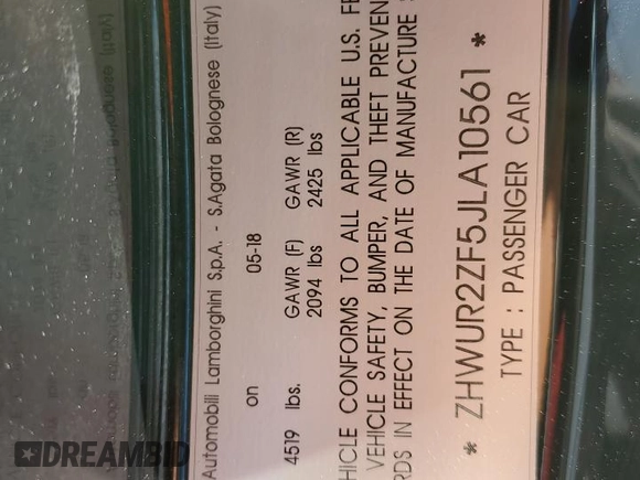 2018 Lamborghini Huracan z VIN ZHWUR2ZF5JLA10561, wystawiony jako Copart lot #75416254 z przebiegiem Nie podano mil oraz Nie do naprawy. Historia ofert i sprzedaży dostępna na DreamBid. Obrazek 13.