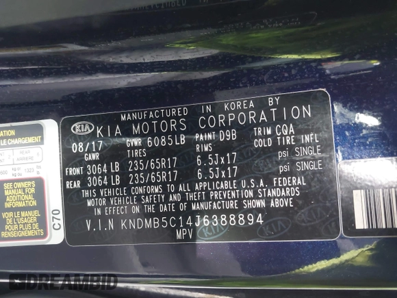 2018 Kia Sedona LX with VIN KNDMB5C14J6388894, listed as a IAAI auction lot 41808847 with 82,468 mi miles. Bid and sale history available at carsss.com. Image 9.