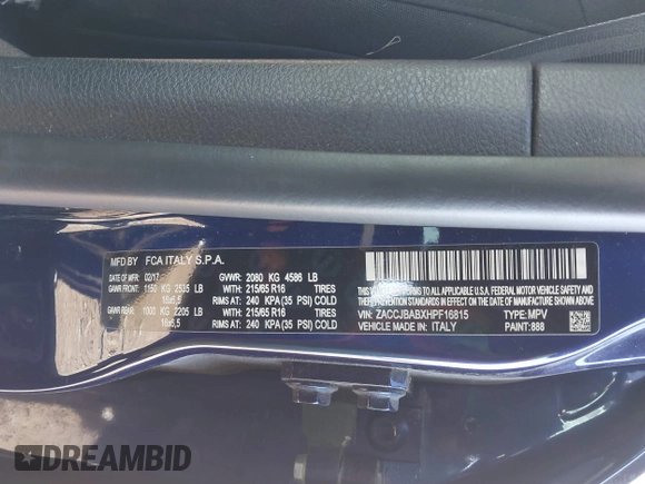 2017 Jeep Renegade Sport with VIN ZACCJBABXHPF16815, listed as a IAAI auction lot 41425872 with 132,991 mi miles and . Bid and sale history available at DreamBid. Image 9.