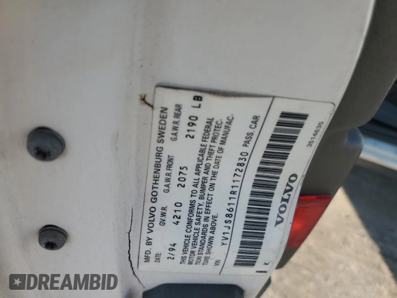1994 Volvo 900 с VIN YV1JS8611R1172830, выставлен на аукционе Copart как лот 75955284 с пробегом 222 846 миль миль и Списание • Salvage title. История ставок и продаж доступна на DreamBid. Изображение 14.