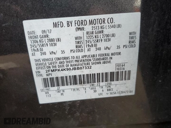 2018 Ford Edge Titanium with VIN 2FMPK4K90JBB07332, listed as a Copart auction lot 82519864 with 94,866 mi miles and Salvage Title. Bid and sale history available at carsss.com. Image 13.