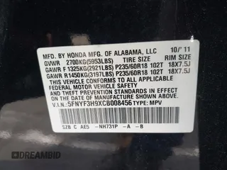 2012 Honda Pilot Touring with VIN 5FNYF3H9XCB008456, listed as a IAAI auction lot 41923004 with Not Provided miles and . Bid and sale history available at DreamBid. Image 9.