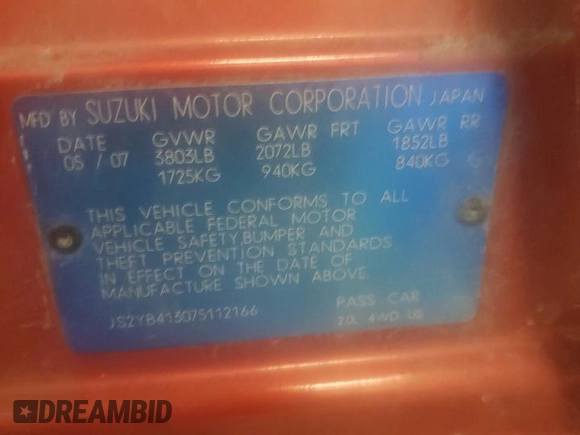 2007 Suzuki SX4 with VIN JS2YB413075112166, listed as a Copart auction lot 47246765 with 179,078 mi miles and Salvage Title. Bid and sale history available at carsss.com. Image 12.