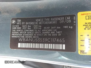 2009 BMW 5 Series 528i with VIN WBANU53539C117465, listed as a IAAI auction lot 42200311 with 158,155 mi miles and . Bid and sale history available at carsss.com. Image 9.