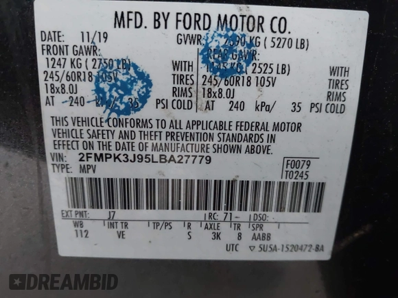 2020 Ford Edge SEL z VIN 2FMPK3J95LBA27779, wystawiony jako IAAI lot #42139536 z przebiegiem 58 285 mil mil oraz . Historia ofert i sprzedaży dostępna na DreamBid. Obrazek 9.
