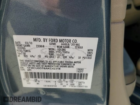 2010 Ford Escape XLT с VIN 1FMCU0D78AKC42318, выставлен на аукционе Copart как лот 61623385 с пробегом 118 353 миль миль и Чистый • Clean title. История ставок и продаж доступна на DreamBid. Изображение 12.