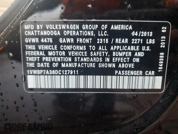 2013 Volkswagen Passat SE w/Sunroof & Nav with VIN 1VWBP7A36DC127911, listed as a Copart auction lot 83520534 with 71,814 mi miles and Salvage Title. Bid and sale history available at carsss.com. Image 13.