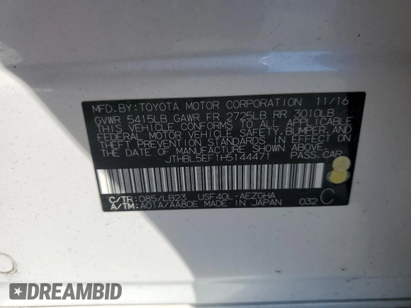 2017 Lexus LS 460 with VIN JTHBL5EF1H5144471, listed as a Copart auction lot 55804125 with 63,556 mi miles and Salvage title. Bid and sale history available at DreamBid. Image 13.