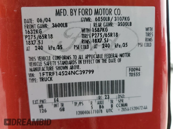 2004 Ford F-150 XL with VIN 1FTRF14524NC39799, listed as a Copart auction lot 59115774 with 156,709 mi miles and Salvage Title. Bid and sale history available at DreamBid. Image 12.