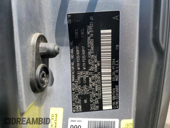 2018 Toyota Sienna L with VIN 5TDZZ3DCXJS928724, listed as a Copart auction lot 58067154 with 233,628 mi miles and Salvage Title. Bid and sale history available at DreamBid. Image 14.