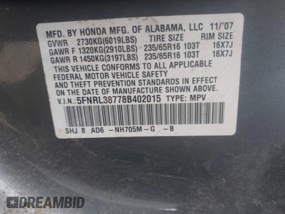 2008 Honda Odyssey EX-L with VIN 5FNRL38778B402015, listed as a IAAI auction lot 42252070 with 349,317 mi miles and . Bid and sale history available at DreamBid. Image 9.
