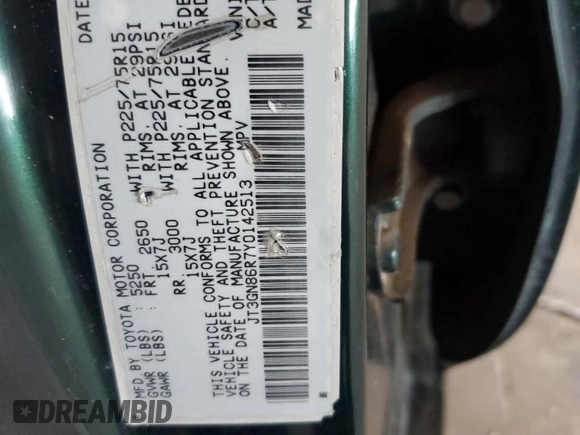 2000 Toyota 4Runner SR5 z VIN JT3GN86R7Y0142513, wystawiony jako Copart lot #59737405 z przebiegiem 197 768 mil mil oraz Szkoda całkowita • Salvage title. Historia ofert i sprzedaży dostępna na DreamBid. Obrazek 13.