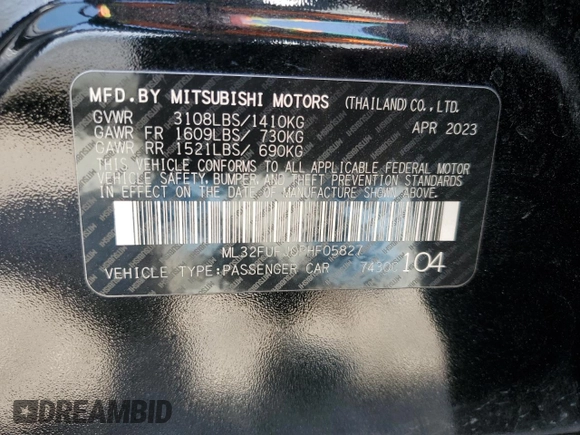 2023 Mitsubishi Mirage ES z VIN ML32FUFJ0PHF05827, wystawiony jako Copart lot #50081475 z przebiegiem 71 445 mil mil oraz Szkoda całkowita • Salvage title. Historia ofert i sprzedaży dostępna na DreamBid. Obrazek 12.