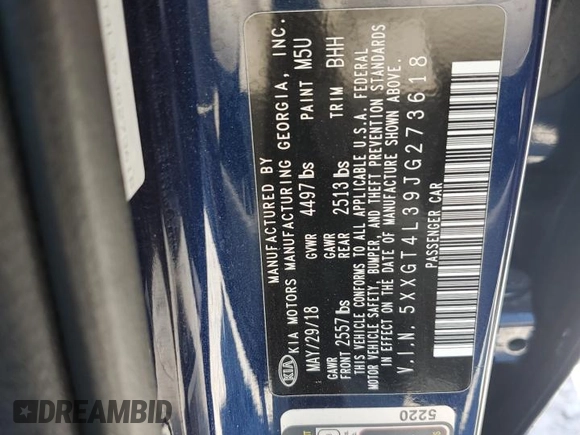 2018 Kia Optima LX z VIN 5XXGT4L39JG273618, wystawiony jako Copart lot #52204025 z przebiegiem 64 851 mil mil oraz Szkoda całkowita • Salvage title. Historia ofert i sprzedaży dostępna na DreamBid. Obrazek 12.