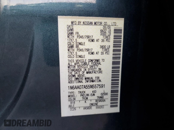 2005 Nissan Titan SE with VIN 1N6AA07A55N557591, listed as a Copart auction lot 85991164 with 176,809 mi miles and Salvage Title. Bid and sale history available at DreamBid. Image 12.