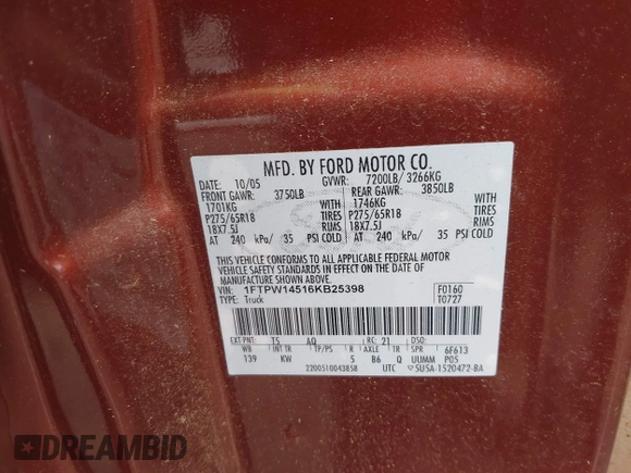 2006 Ford F-150 XLT with VIN 1FTPW14516KB25398, listed as a IAAI auction lot 42791888 with 228,058 mi miles and . Bid and sale history available at DreamBid. Image 9.