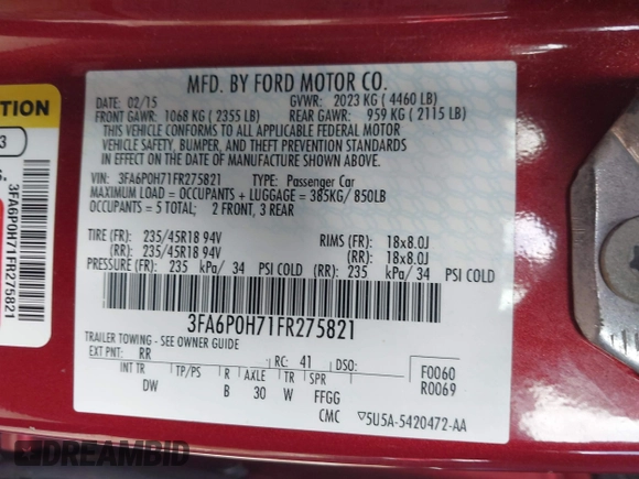 2015 Ford Fusion SE with VIN 3FA6P0H71FR275821, listed as a IAAI auction lot 41939829 with 115,124 mi miles and . Bid and sale history available at DreamBid. Image 9.