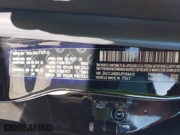 2018 Jeep Renegade Latitude z VIN ZACCJABB0JPH84416, wystawiony jako IAAI lot #41589445 z przebiegiem 101 001 mil mil oraz . Historia ofert i sprzedaży dostępna na DreamBid. Obrazek 9.