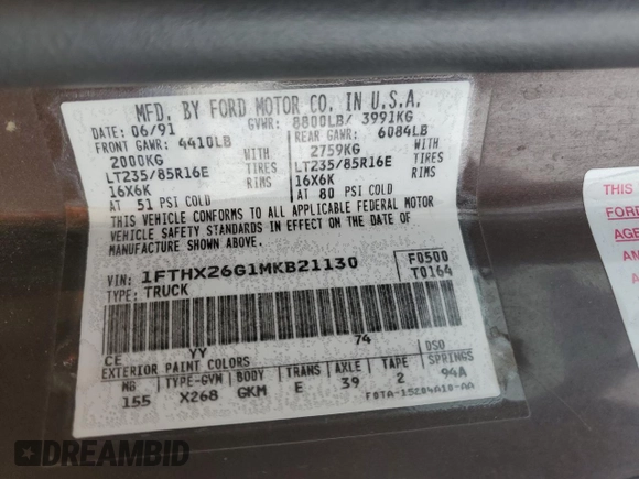1991 Ford F-250 z VIN 1FTHX26G1MKB21130, wystawiony jako Copart lot #42222245 z przebiegiem 13 849 mil mil oraz Szkoda całkowita • Salvage title. Historia ofert i sprzedaży dostępna na DreamBid. Obrazek 12.