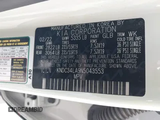 2022 Kia EV6 Wind with VIN KNDC34LA9N5043553, listed as a IAAI auction lot 41576789 with 133,401 mi miles and . Bid and sale history available at DreamBid. Image 9.