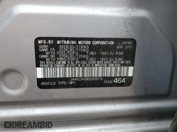 2017 Mitsubishi Outlander SE with VIN JA4AZ3A36HZ050715, listed as a Copart auction lot 59482875 with 74,158 mi miles and Salvage title. Bid and sale history available at DreamBid. Image 12.