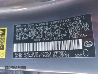 2015 Lexus ES with VIN JTHBK1GG7F2188569, listed as a IAAI auction lot 40828257 with 100,000 mi miles. Bid and sale history available at carsss.com. Image 9.