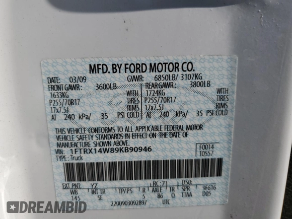 2009 Ford F-150 STX with VIN 1FTRX14W89KB90946, listed as a Copart auction lot 54180835 with 168,558 mi miles and Clean Title. Bid and sale history available at carsss.com. Image 12.