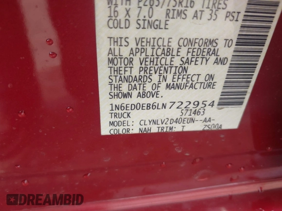 2020 Nissan Frontier SV with VIN 1N6ED0EB6LN722954, listed as a IAAI auction lot 42371753 with Not provided miles and . Bid and sale history available at DreamBid. Image 9.