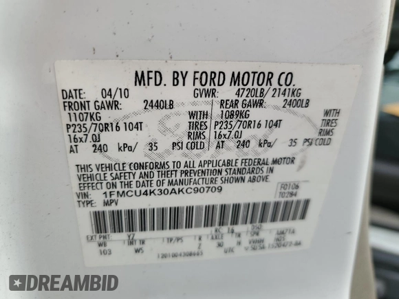 2010 Ford Escape Hybrid with VIN 1FMCU4K30AKC90709, listed as a Copart auction lot 85394774 with 183,092 mi miles and Salvage title. Bid and sale history available at DreamBid. Image 13.